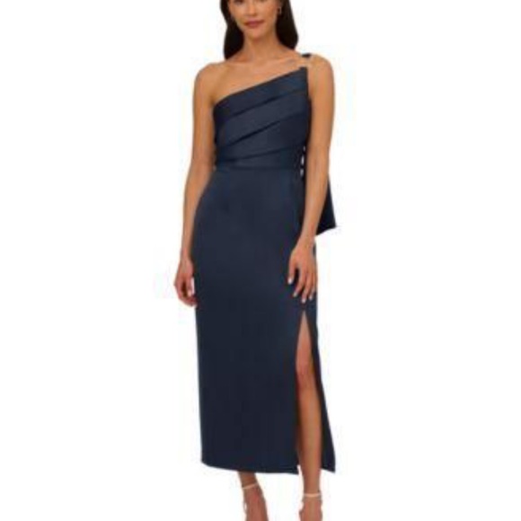 NWT ADRIANNA PAPELL SATIN BLUE CREPE ONE SHOULDER DRESS Elegant Navy - Picture 1 of 9